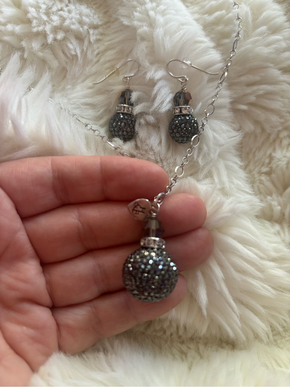 Hillberg and Berk hematite 18mm necklace and long earrings vintage